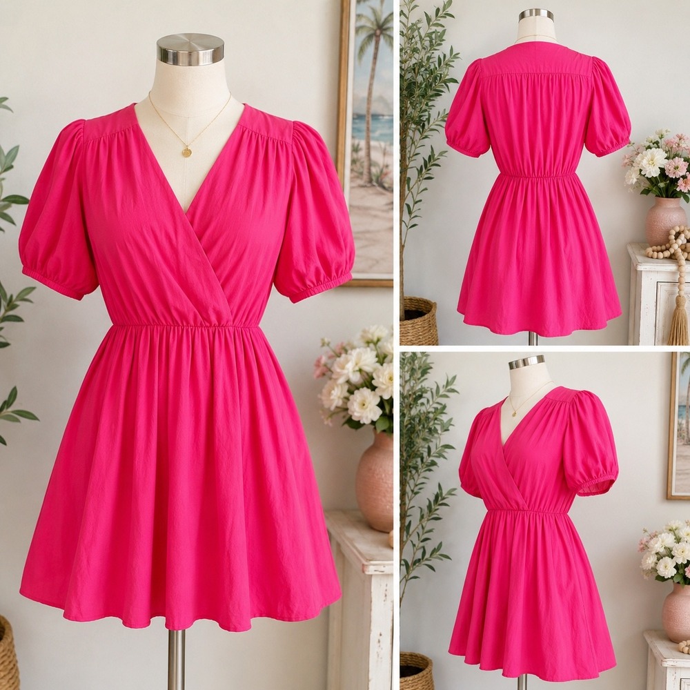 B. Darlin Hot Pink Puff Sleeve V-Neck Mini Dress Cotton Poplin 39KAB22 13/14